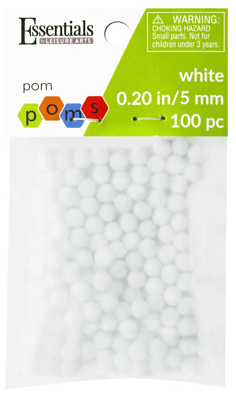 Essentials by Leisure Arts Pom Poms - White - 5mm - 100 piece pom poms arts and crafts - white pompoms for crafts - craft pom poms - puff balls for crafts